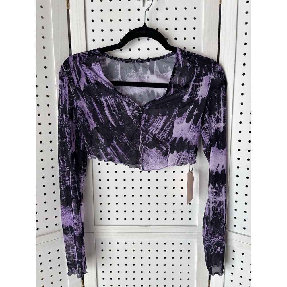 Shein Bae Long SLV Sheer Cropped V-Neck Split Tummy Size Small Purple/Black NWT